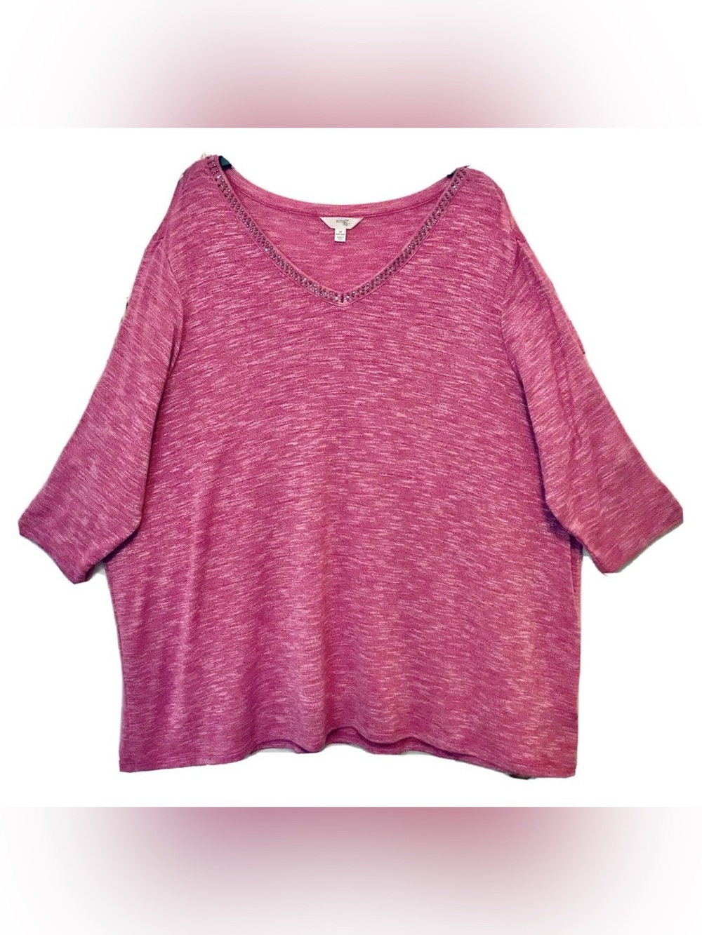 Terra & Sky Womens Size 3X Marled Raspberry V Neck 3/4 Lattice Sleeve Sweater